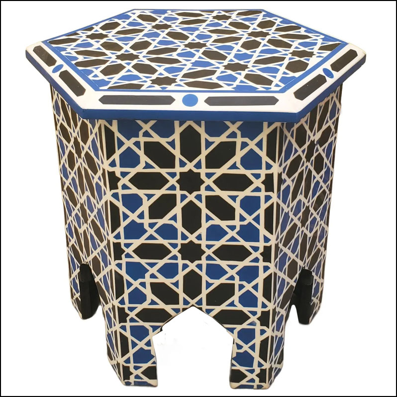 Contemporary Traditional Moroccan Resin and Walnut Wood Side Table / Blue, Black and White Zellige Pattern