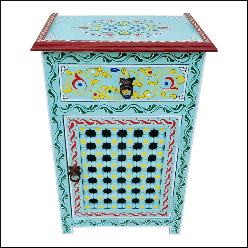 Moroccan Hand-Painted Wooden Nightstand, Musharabi Aqua