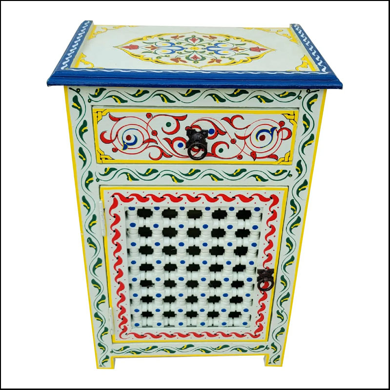 Moroccan Hand Painted Wooden Nightstand, Musharabi Beige II
