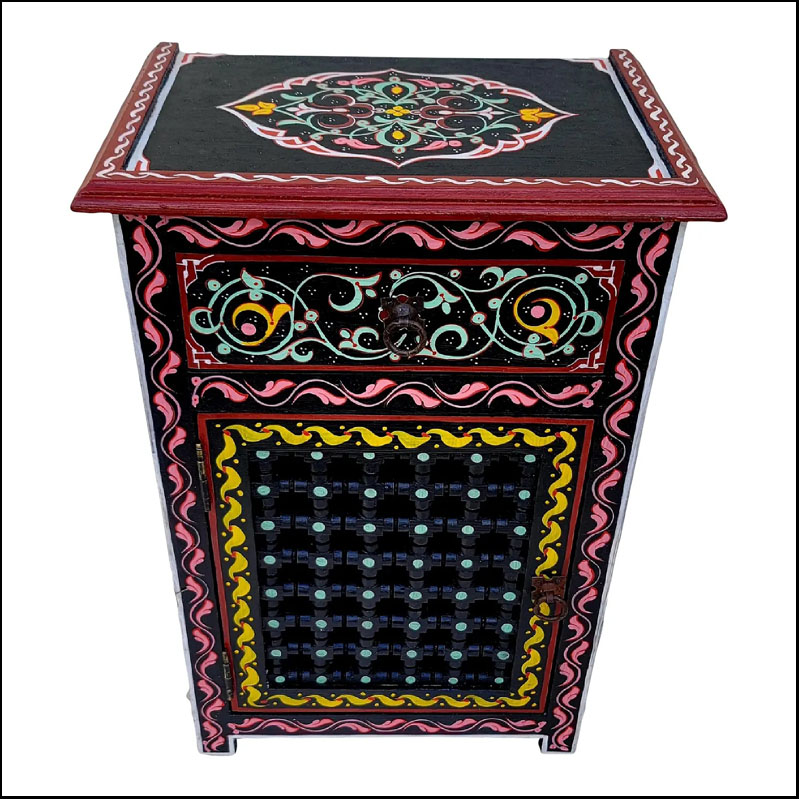Moroccan Hand Painted Wooden Nightstand, Musharabi Black
