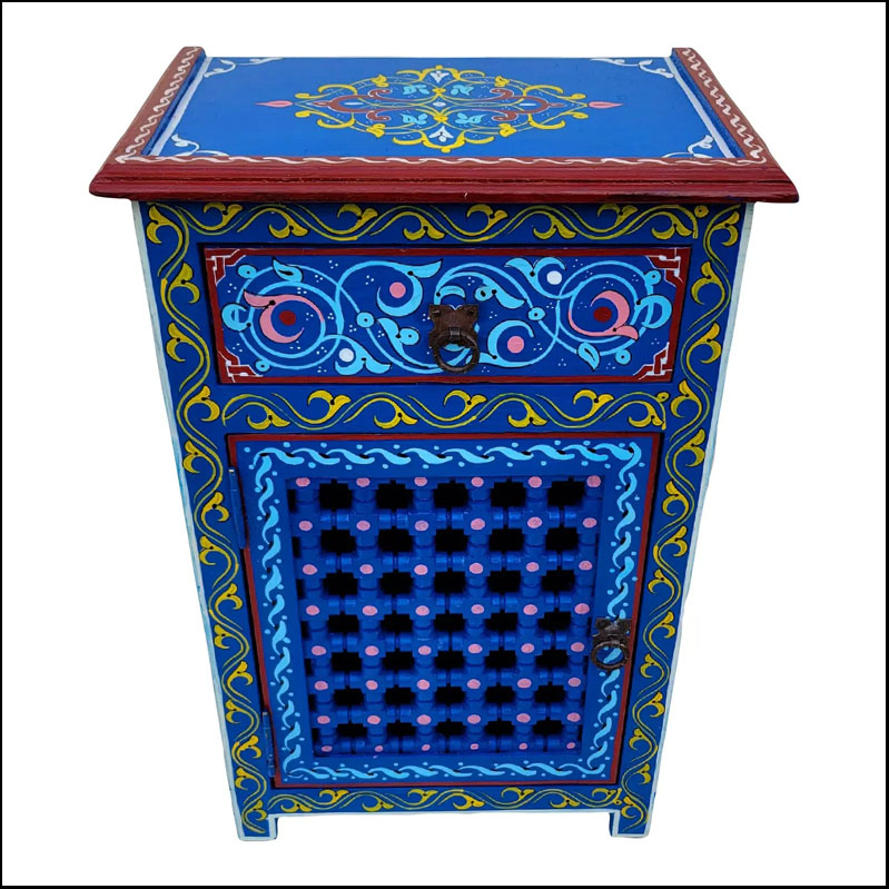 Moroccan Hand Painted Wooden Nightstand, Musharabi Blue