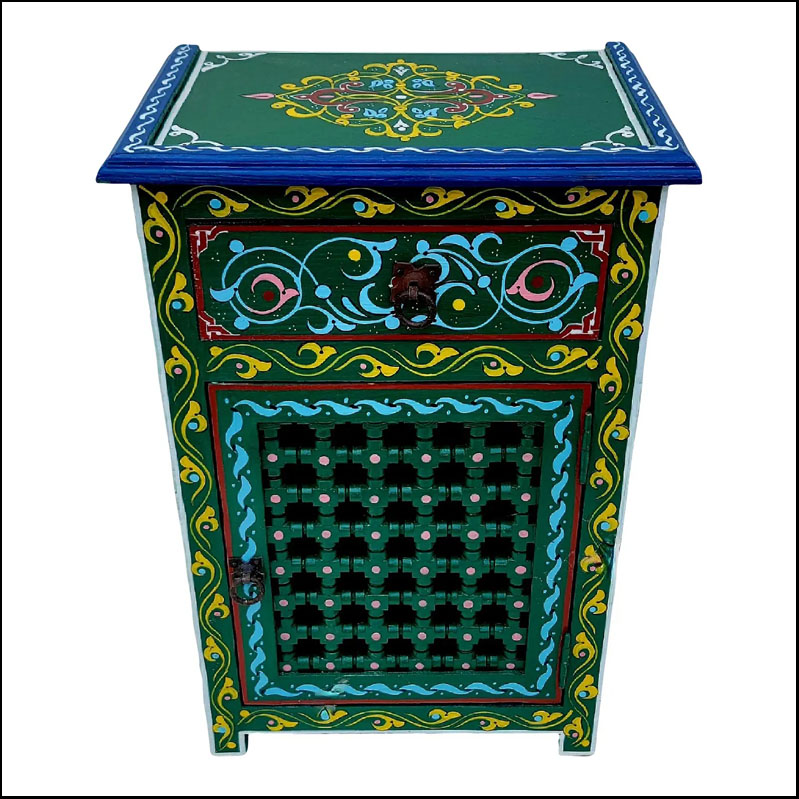 Moroccan Hand-Painted Wooden Nightstand, Musharabi Green