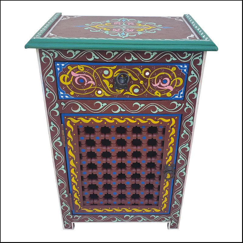 Moroccan Hand-Painted Wooden Nightstand, Musharabi Maroon