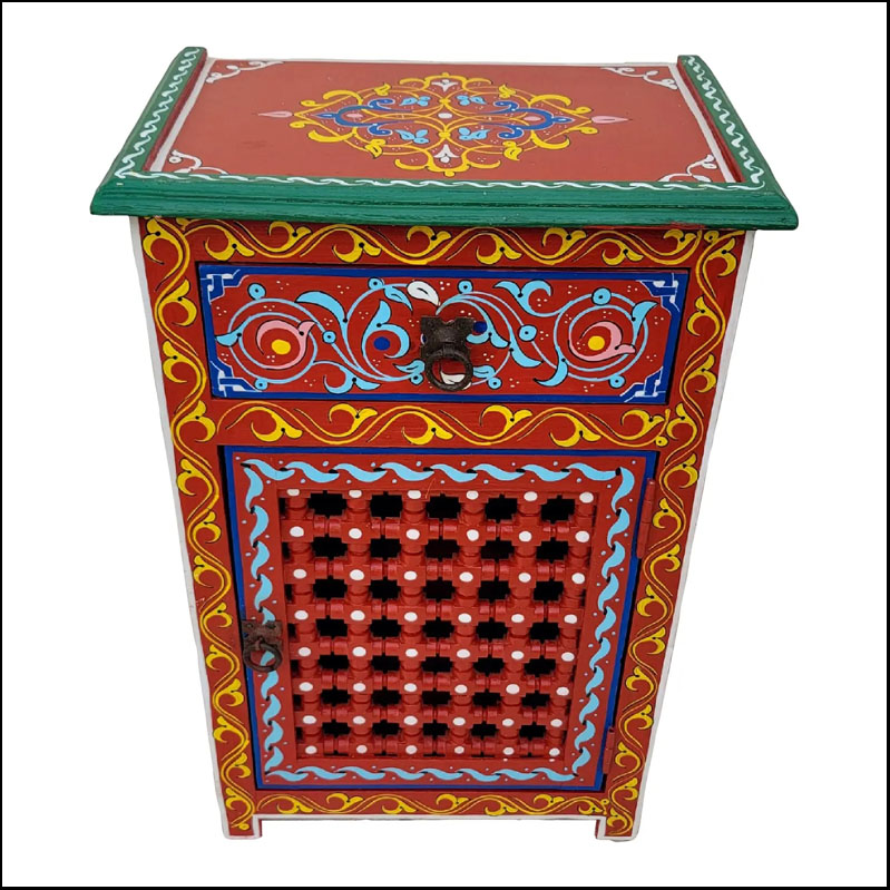 Moroccan Hand Painted Wooden Nightstand, Musharabi Red