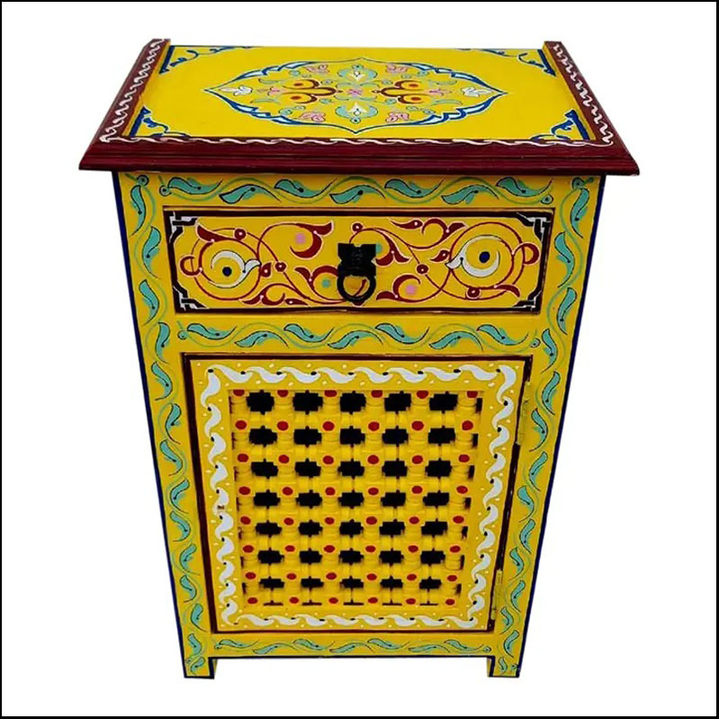 Moroccan Hand Painted Wooden Nightstand, Musharabi Yellow