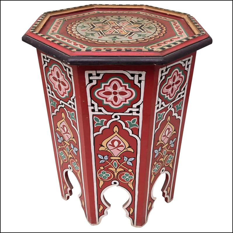Moroccan Hexagonal Hand Painted Wooden Side Table / Industrial Red
