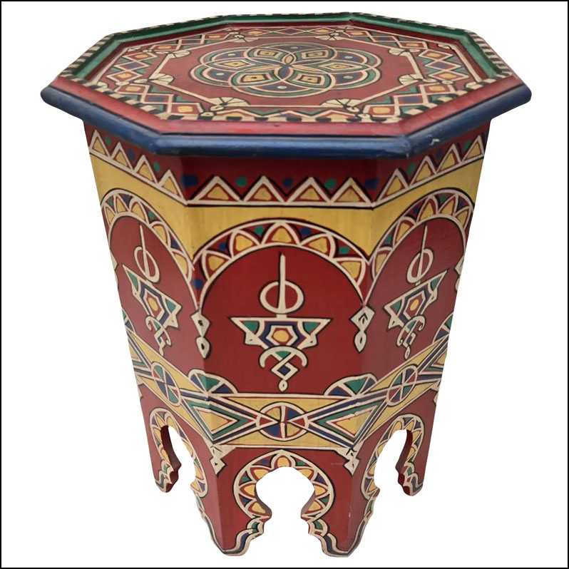 Moroccan Hexagonal Hand Painted Wooden Side Table / Touareg Brick