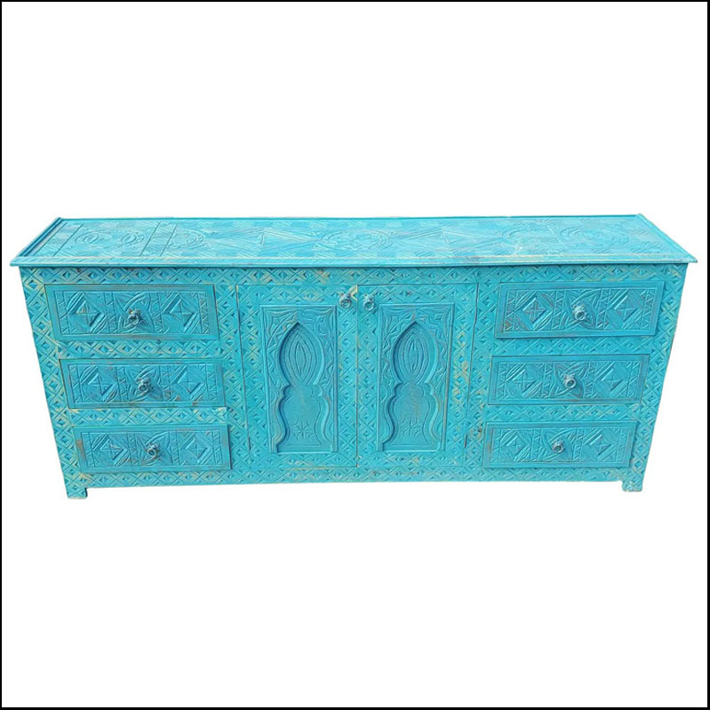 Aqua Washed Moroccan Berber Style Wooden Sideboard III