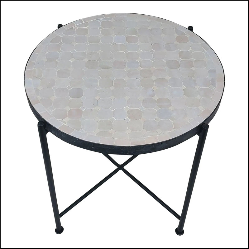 21″ All White Moroccan Mosaic Table, Solid Wrought Iron Base,  – CR4